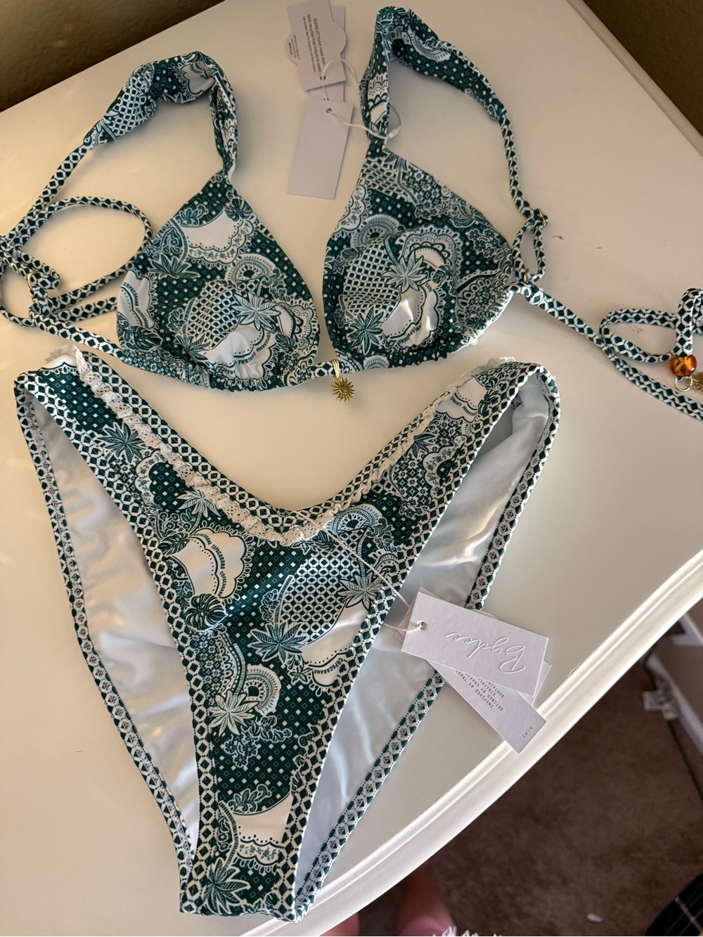 Paisley Print Green Triangle Bikini Set